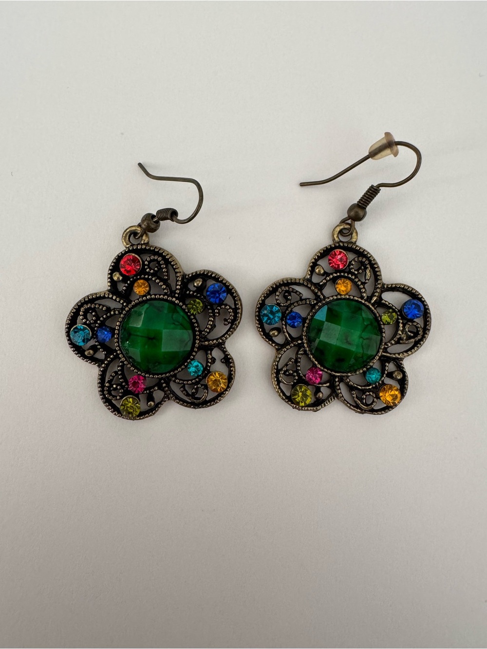 Vintage-Inspired Flower Drop Earrings with Green Center Stones